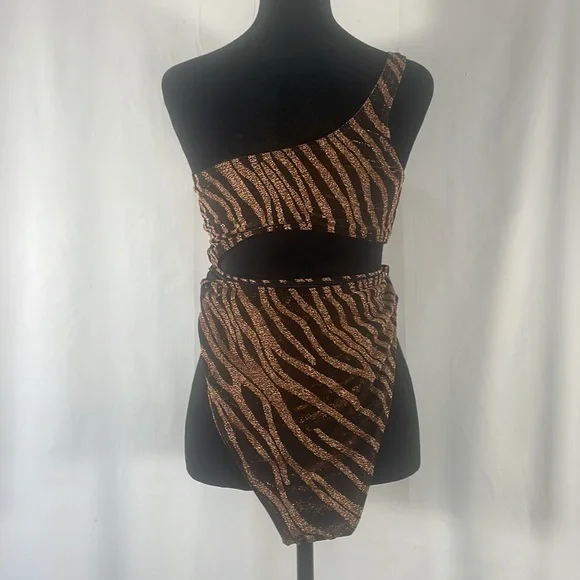Zebra print monokini,1piece,2 piece-bathing suit,shimmery bronzegold black,Large - Picture 3 of 7